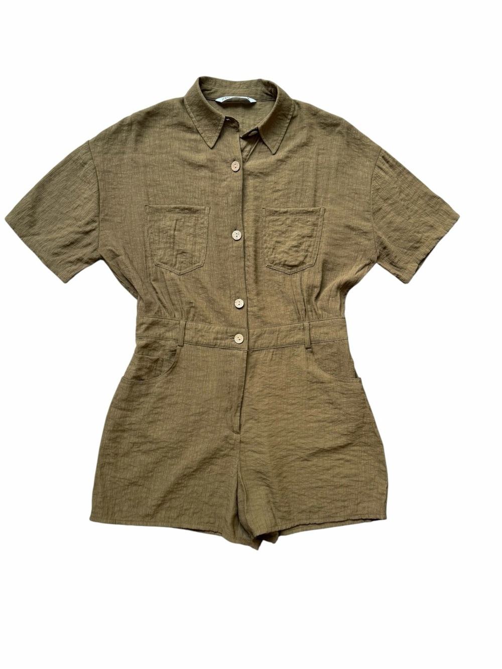 Zara Short Sleeve Olive Green Button Front Romper
